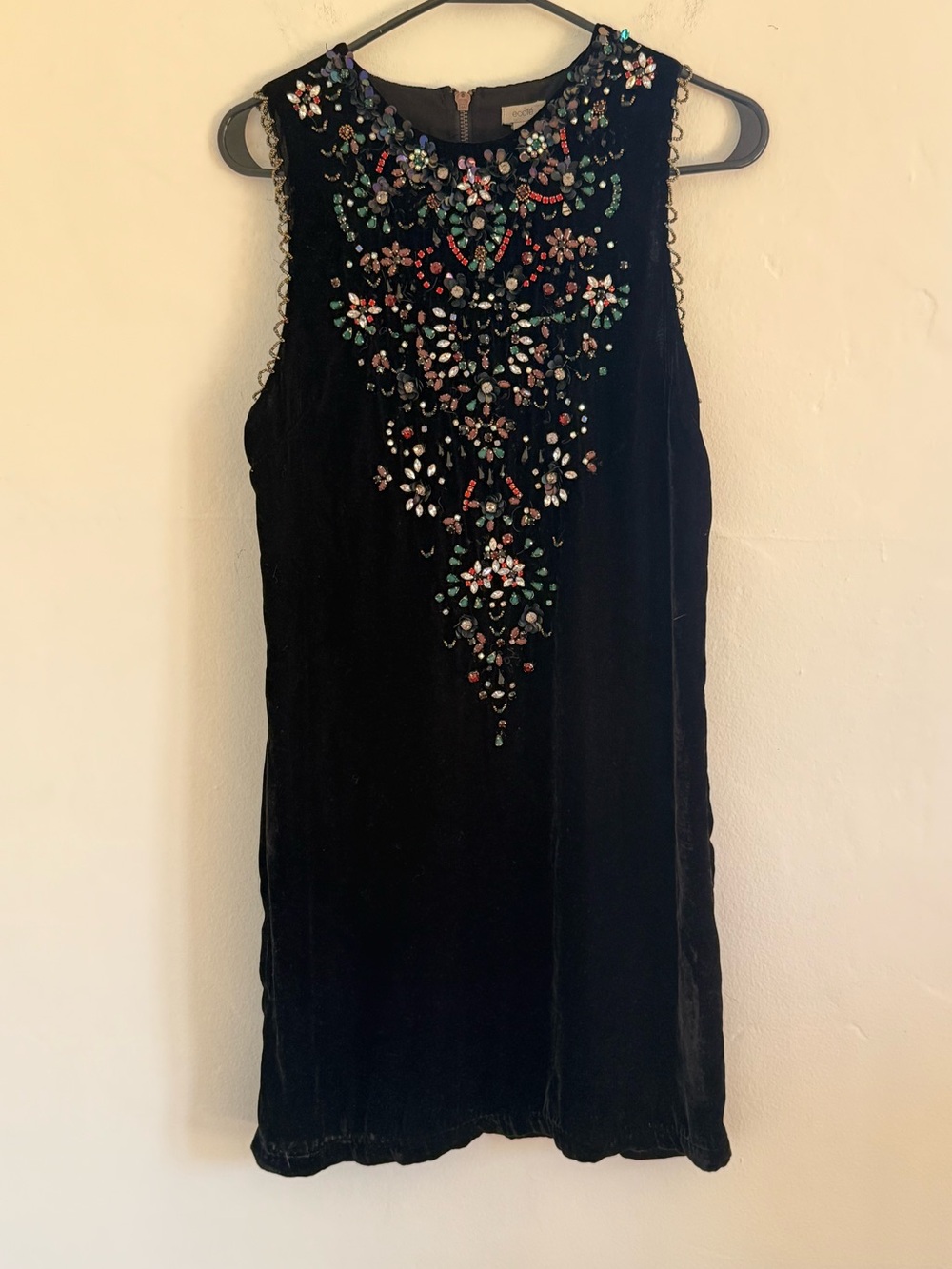 Sleeveless Black Velvet Mini Dress with Multicolor Beaded Embellishment